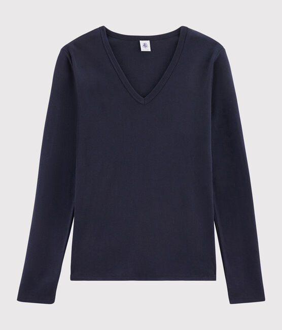 Damen-T-Shirt aus Baumwolle mit V-Ausschnitt blau SMOKING