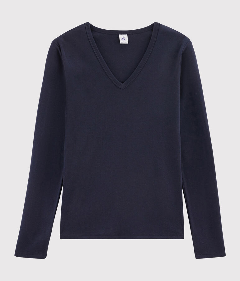 Damen-T-Shirt aus Baumwolle mit V-Ausschnitt blau