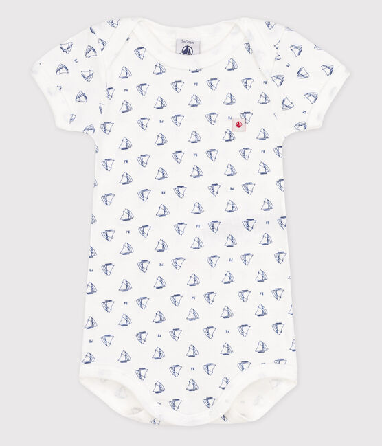 Kurzärmeliger Baby-Body für Mädchen weiss ECUME/blau MEDIEVAL