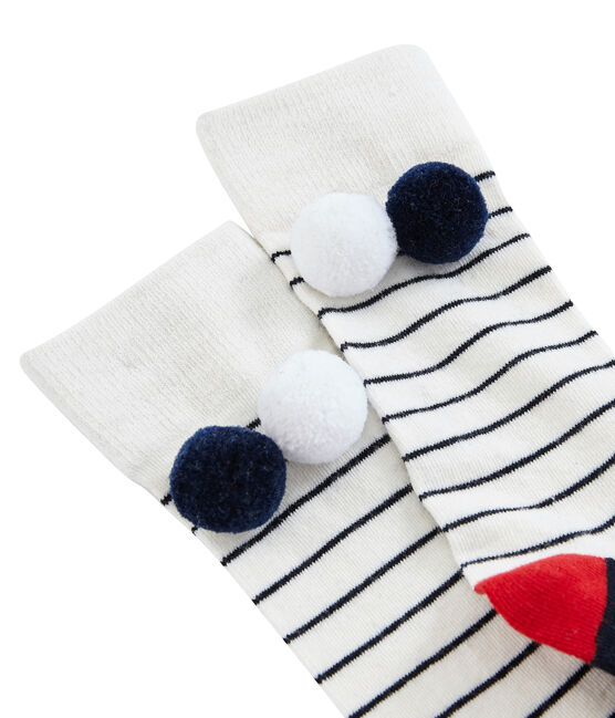 Hohe Kinderstrümpfe für Mädchen weiss MARSHMALLOW/blau SMOKING