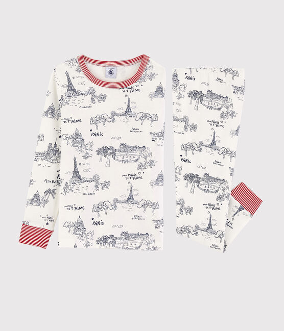 Pyjama aus Baumwolle mit Paris-Motiv im Toile-de-Jouy-Stil für Jungen weiss MARSHMALLOW/blau MEDIEVAL