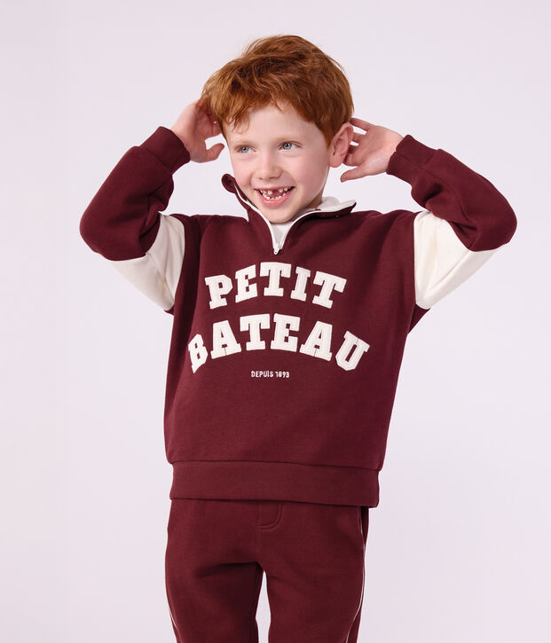 Kinder-Sweatshirt mit Rei&szlig;verschluss-Kragen aus Baumwolle im Colorblock rot/naturfarben