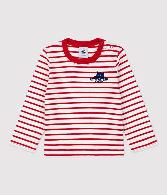Baby-T-Shirt aus Baumwolle mit Streifenmuster weiss MARSHMALLOW/rot TERKUIT
