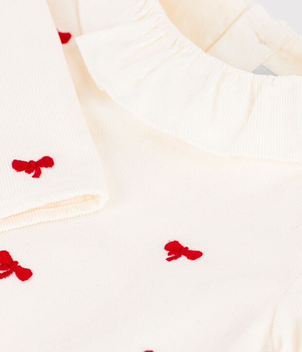Baby-Bluse aus Feincord mit gesticktem Schleifenmuster naturfarben/rot