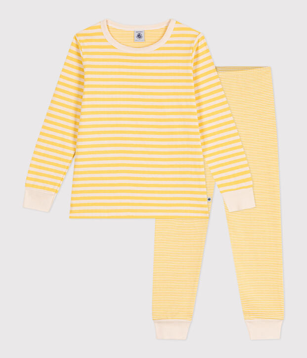 Kinder-Pyjama aus Doppeljersey mit Streifen gelb/naturfarben