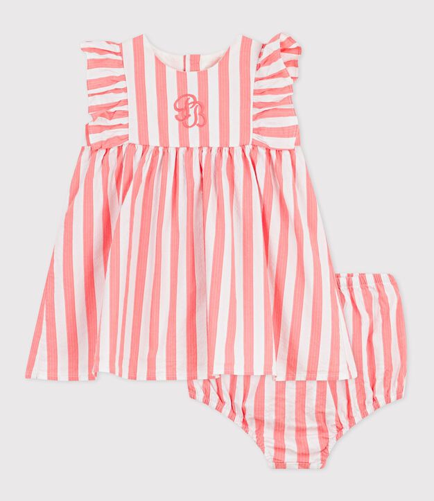 &Auml;rmelloses Baby-Kleid aus Baumwolle und dazu passender Bloomer mit Streifen rosa/weiss