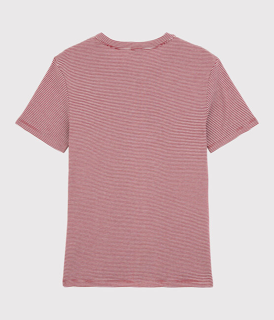 Klassisches Damen-T-Shirt mit Rundhalsausschnitt aus gestreifter Baumwolle rot SANGRIA/ MARSHMALLOW