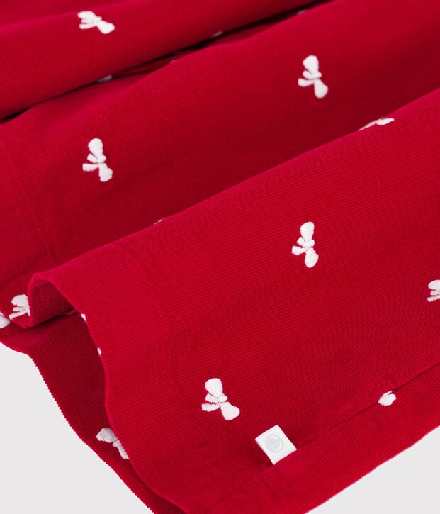 Lang&auml;rmeliges Kinder-Kleid aus Feincord mit Schleifenmotiv rot/naturfarben