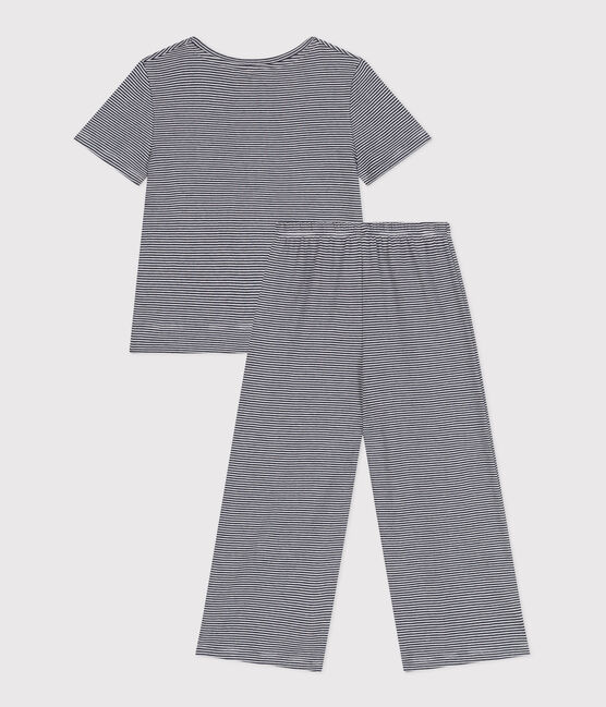 Kurzärmeliger Kinder-Pyjama aus Baumwolle mit weiten Beinen und Streifen blau SMOKING/weiss MARSHMALLOW