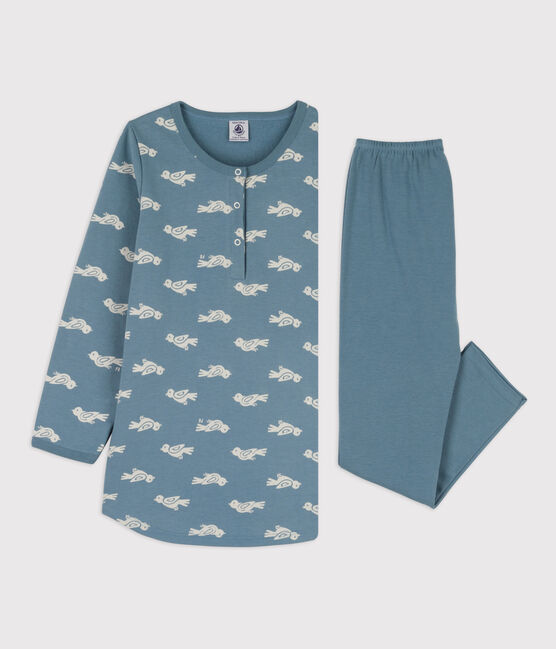 Kinder-Nachthemd und -Leggings aus Molton und Baumwolle mit Vogelmotiv für Mädchen blau ROVER/weiss MARSHMALLOW
