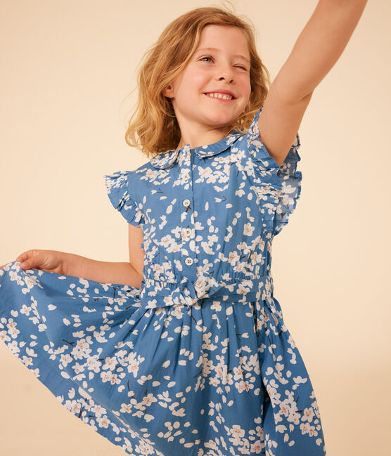 Ärmelloses Kinder-Kleid aus Popeline mit Blumenmuster für Mädchen blau BEACH/ MULTICO
