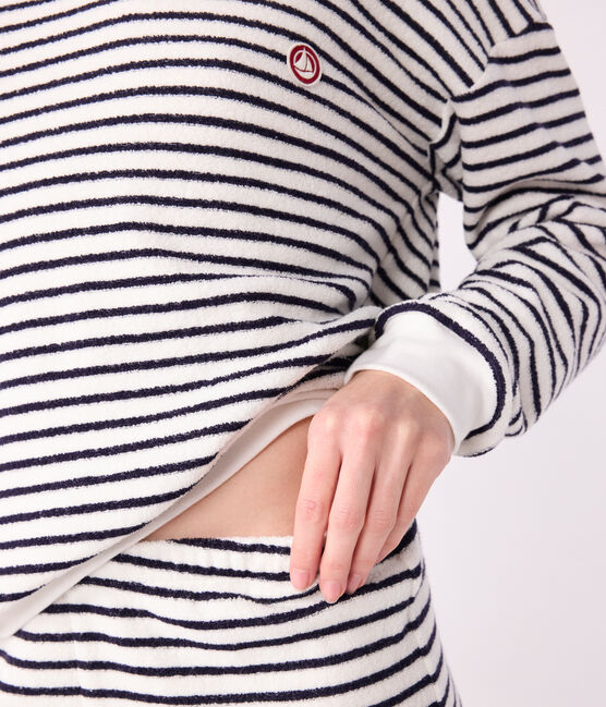 Damen-Pyjama aus Baumwoll-Frottee mit Streifen blau MILK/ SOIR