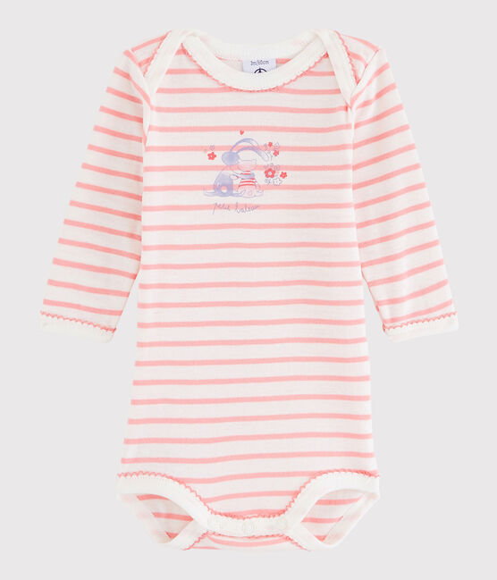Langärmeliger Baby-Body Mädchen weiss LAIT/rosa GRETEL