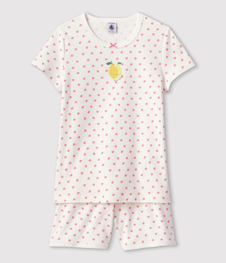 Kinder-Kurzpyjama aus Baumwolle mit rosafarbenem Polka-Dot-Muster f&uuml;r M&auml;dchen weiss/rosa