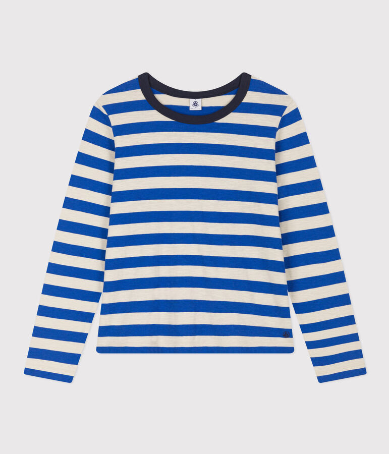 Damen-T-Shirt LE DROIT aus Baumwolle mit Rundhalsausschnitt blau/grau