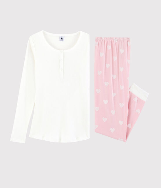 Pyjama aus Baumwolle für Mädchen/Damen weiss MARSHMALLOW/rosa MINOIS