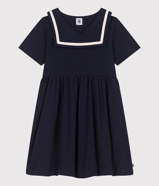 Kurzärmeliges Kinder-Kleid aus einfarbiger Baumwolle  blau SMOKING