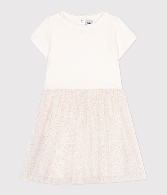 Kurzärmeliges Kinder-Kleid aus Baumwolle und Tüll weiss MARSHMALLOW/rosa COPPER