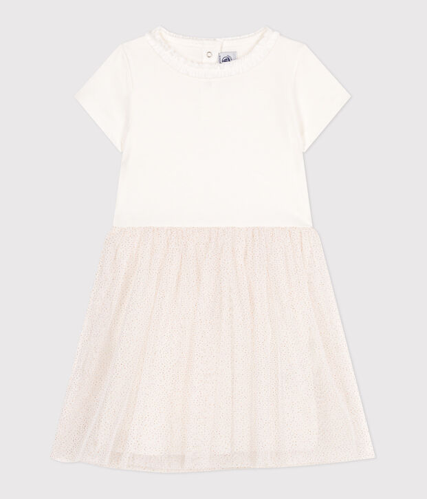 Kurz&auml;rmeliges Kinder-Kleid aus Baumwolle und T&uuml;ll weiss/rosa