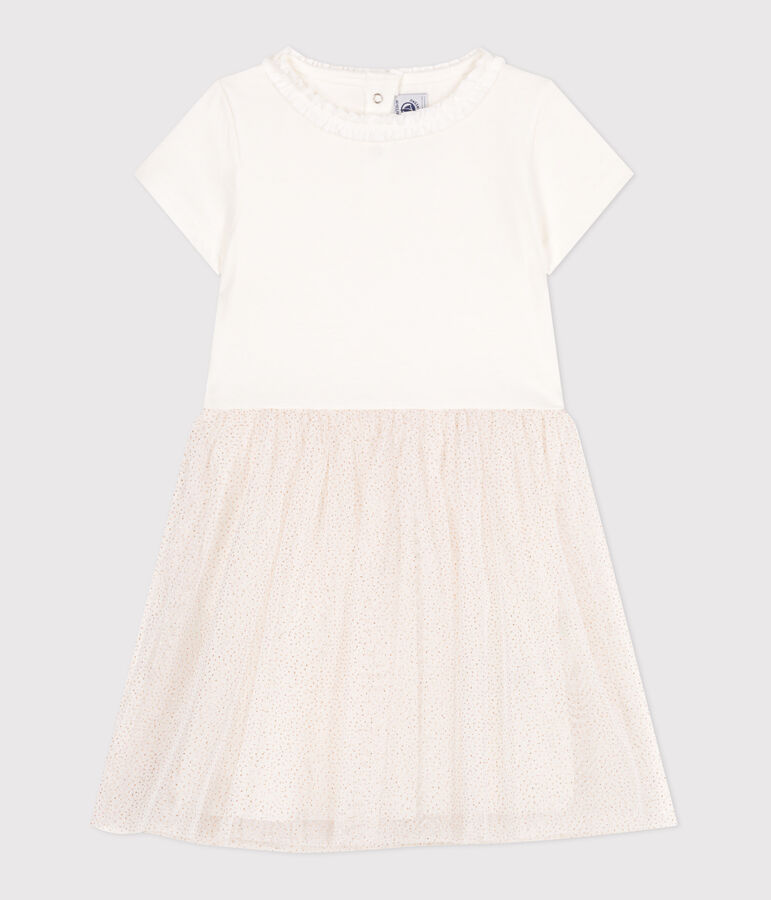 Kurz&auml;rmeliges Kinder-Kleid aus Baumwolle und T&uuml;ll weiss/rosa