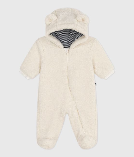 Baby-Schneeanzug aus Sherpa mit Öhrchen und Ringelstreifen-Futter  naturfarben MILK