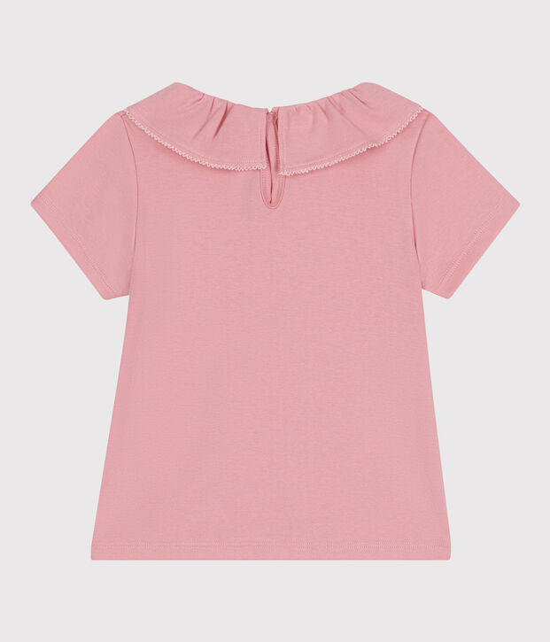 Kurz&auml;rmeliges Kinder T-Shirt aus einfarbiger Baumwolle mit Kragen rosa