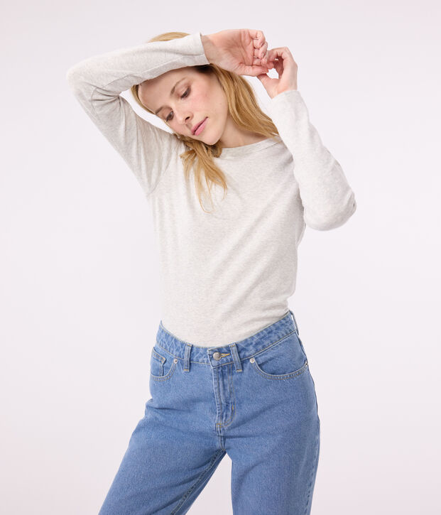 Lang&auml;rmeliges Damen-T-Shirt L'Iconique aus einfarbigem Rippstrick BELUGA CHINE