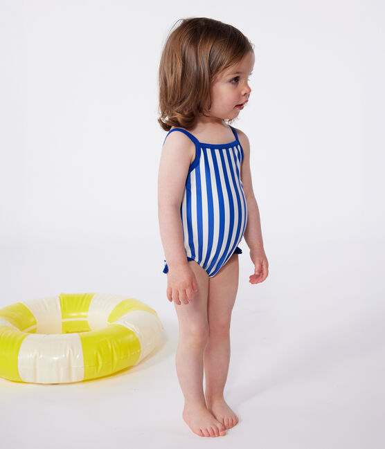 Einteiliger Baby-Badeanzug mit Streifenmuster und Rüschen blau SURF/weiss MARSHMALLOW