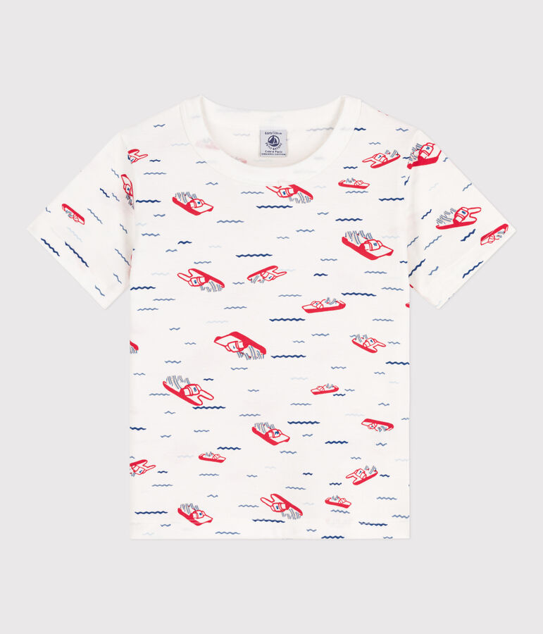 Kurz&auml;rmeliges bedrucktes Kinder-T-Shirt f&uuml;r Jungen weiss/vielfarbig