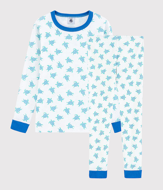 Snugfit-Kinderpyjama aus Baumwolle mit Schildkrötenmotiv weiss MARSHMALLOW/blau COOL
