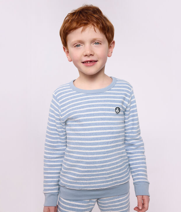 Kinder-Pyjama aus Baumwoll-Frottee mit Streifen blau/naturfarben