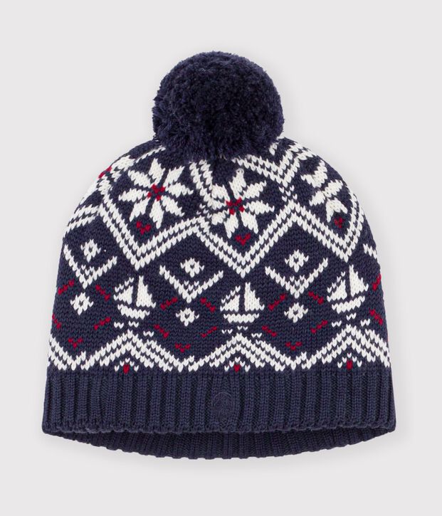 Baby-M&uuml;tze aus Woll- und Baumwoll-Jacquard mit Fleece-Futter blau/naturfarben/rot