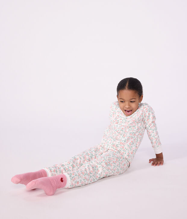 Kinder-Pyjama aus Molton mit Blumenmotiv weiss/vielfarbig