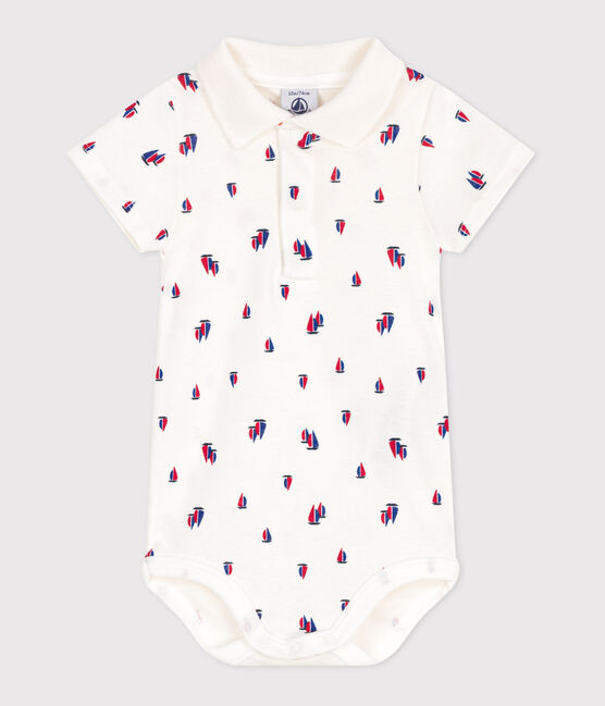Kurzärmeliger Body aus Baumwolle mit Schiffchenmuster weiss MARSHMALLOW/weiss MULTICO