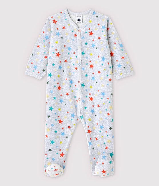 Baby-Strampler aus grau meliertem Velours mit Sternen-Motiv grau POUSSIERE/weiss MULTICO