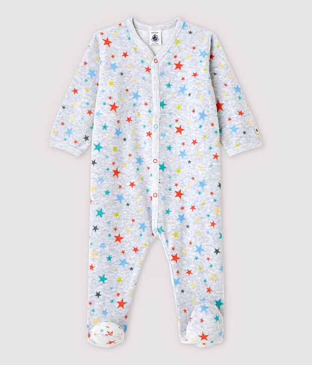 Baby-Strampler aus grau meliertem Velours mit Sternen-Motiv grau/vielfarbig