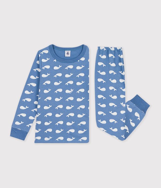 Kinder-Pyjama aus Molton mit Walmotiv blau/weiss