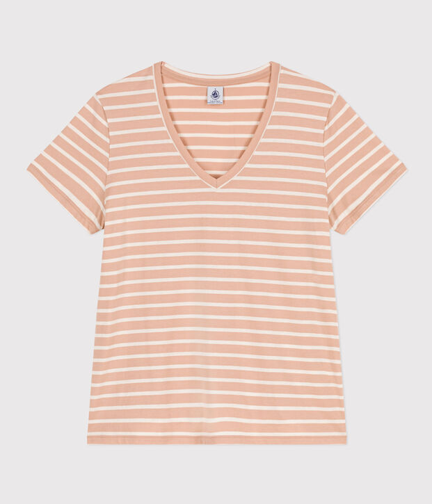 Damen-T-Shirt LE DROIT mit V Ausschnitt aus Baumwolle beige/naturfarben