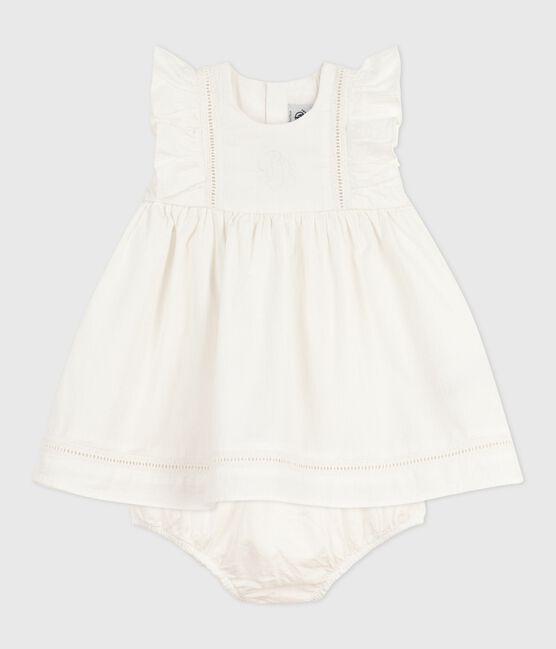 Ärmelloses Baby-Kleid aus einfarbiger Baumwolle mit Stickerei und dazu passendem Bloomer weiss ECUME