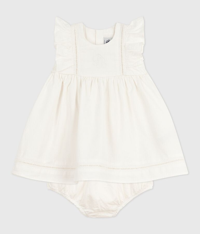 &Auml;rmelloses Baby-Kleid aus einfarbiger Baumwolle mit Stickerei und dazu passendem Bloomer weiss