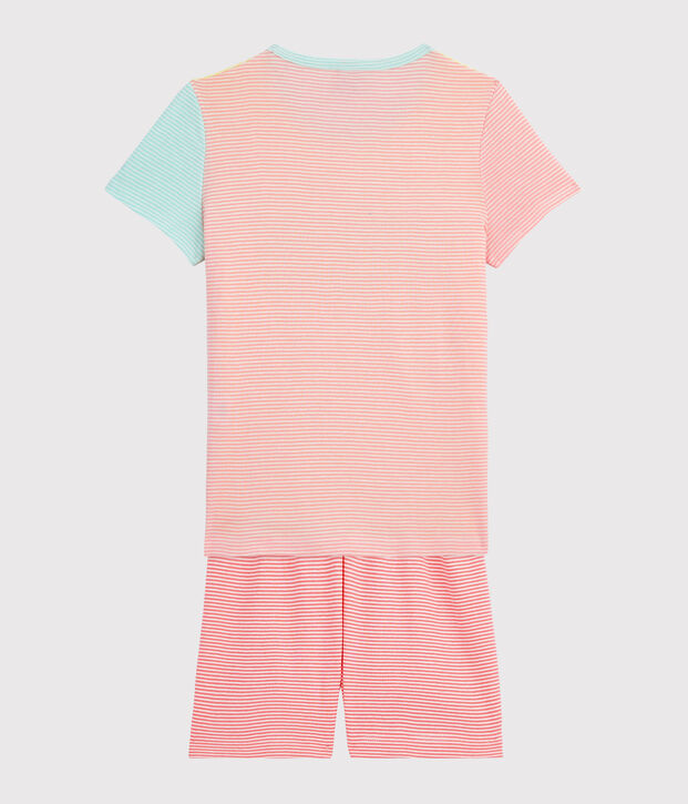 Kinder-Kurzpyjama aus Rippstrick mit bunten Streifen f&uuml;r M&auml;dchen gelb/vielfarbig
