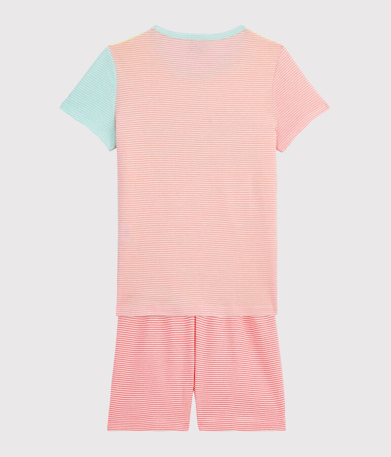Kinder-Kurzpyjama aus Rippstrick mit bunten Streifen f&uuml;r M&auml;dchen gelb SUNNY/weiss MULTICO