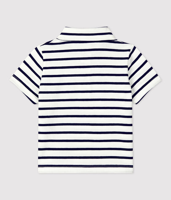 Kurzärmeliges Baby-Poloshirt aus gestreiftem Jersey weiss MARSHMALLOW/blau SMOKING