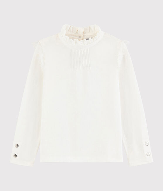 Kinder-T-Shirt mit krausem Kragen für Mädchen weiss MARSHMALLOW