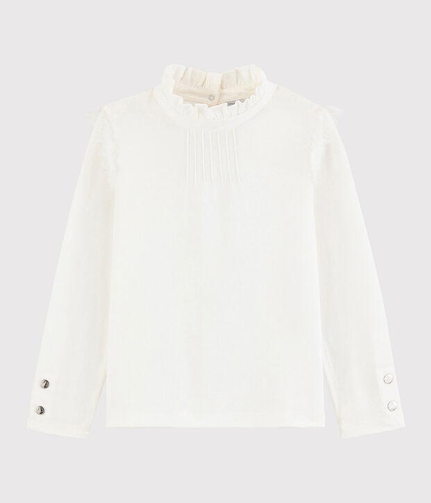 Kinder-T-Shirt mit krausem Kragen f&uuml;r M&auml;dchen weiss