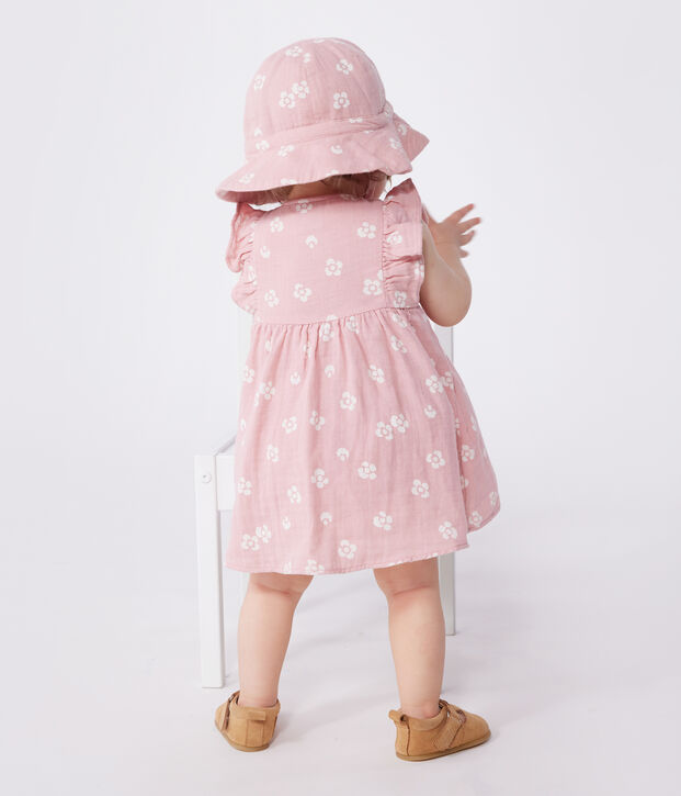 Babykleid mit Bloomer aus gebl&uuml;mtem Musselin-Stoff rosa/weiss