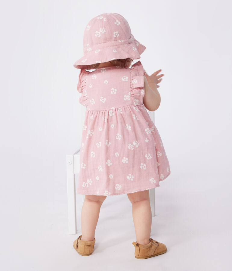 Babykleid mit Bloomer aus gebl&uuml;mtem Musselin-Stoff rosa/weiss