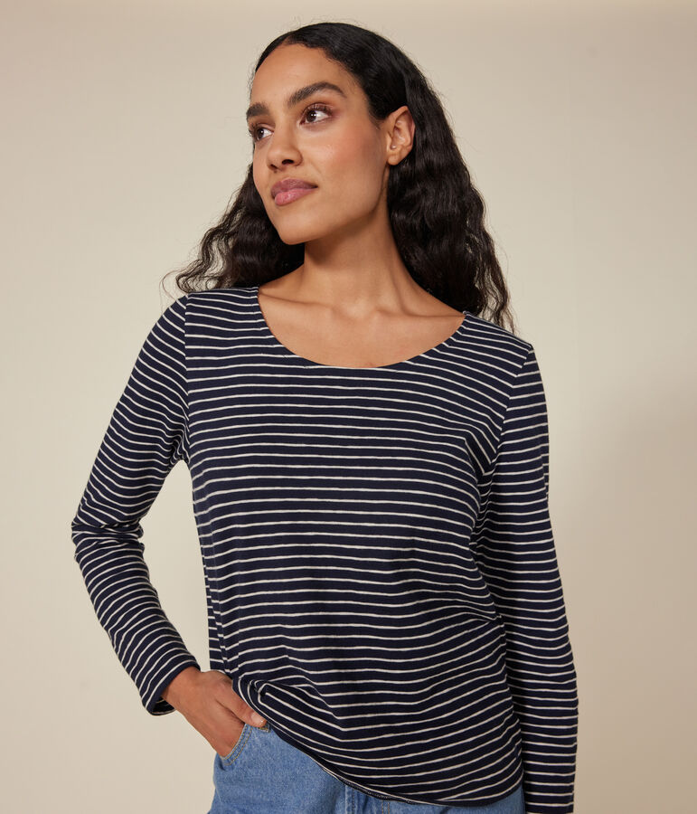 Lang&auml;rmeliges Damen-T-Shirt Le Droit mit weitem Ausschnitt aus geflammten Jersey blau/beige