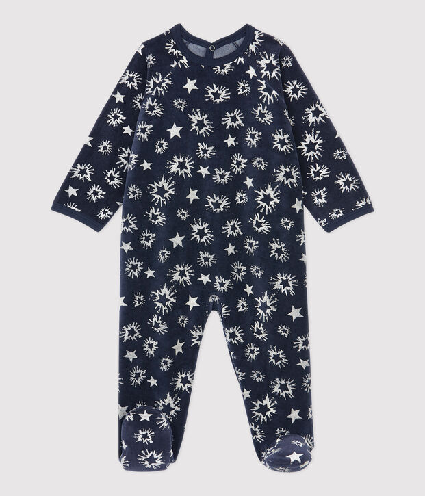 Baby-Strampler aus Velours mit Sternenmuster blau/weiss