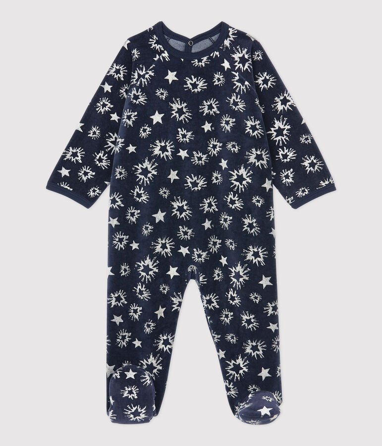 Baby-Strampler aus Velours mit Sternenmuster blau SMOKING/weiss ECUME